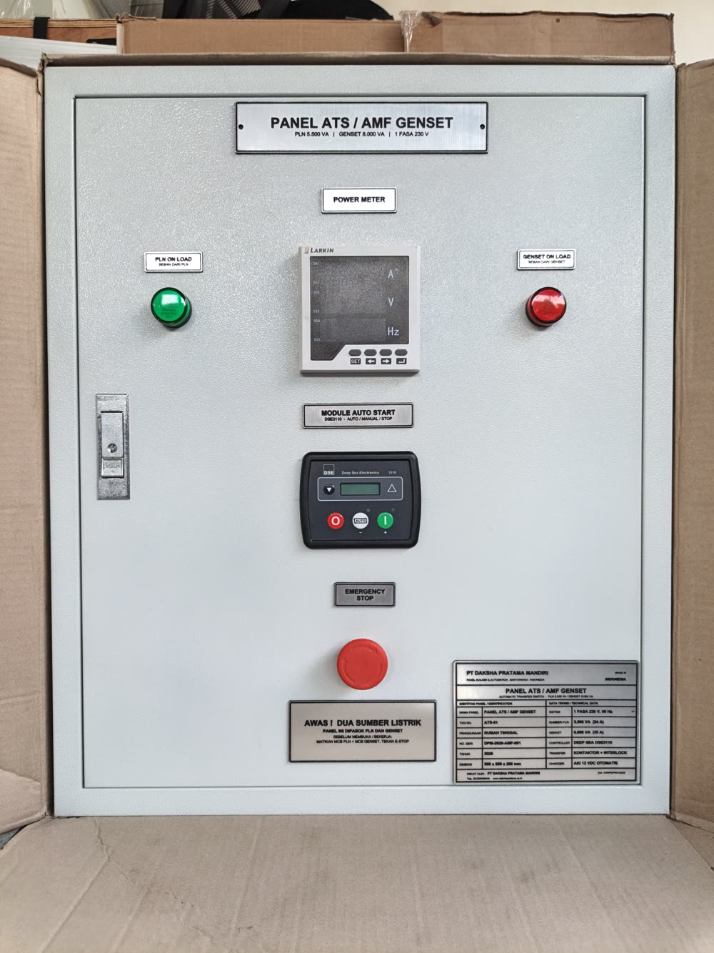 Panel ATS/AMF Genset rakitan DPM &mdash; DSE3110, PLN 5.500 VA / genset 8.000 VA, siap kirim