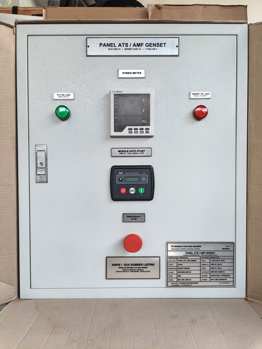 Panel ATS/AMF Genset DSE3110, PLN 5.500 VA / genset 8.000 VA, siap kirim